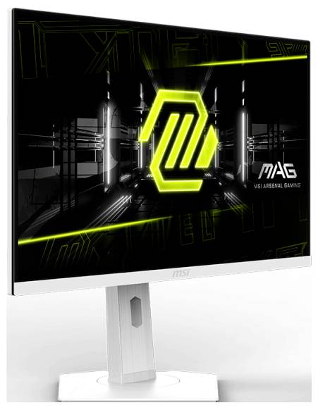 Ein Gaming-Monitor mit leuchtendem gelbem Logo auf dem Bildschirm und dem Text 'MAG VIGI ARSENAL GAMING' auf der rechten Seite.