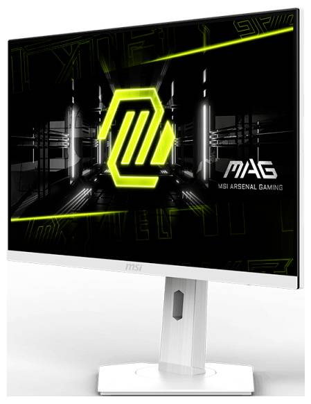 Ein Computermonitor zeigt das Logo 'MAG MSI Arsenal Gaming' auf einem futuristischen Hintergrund mit neonfarbenen Elementen.