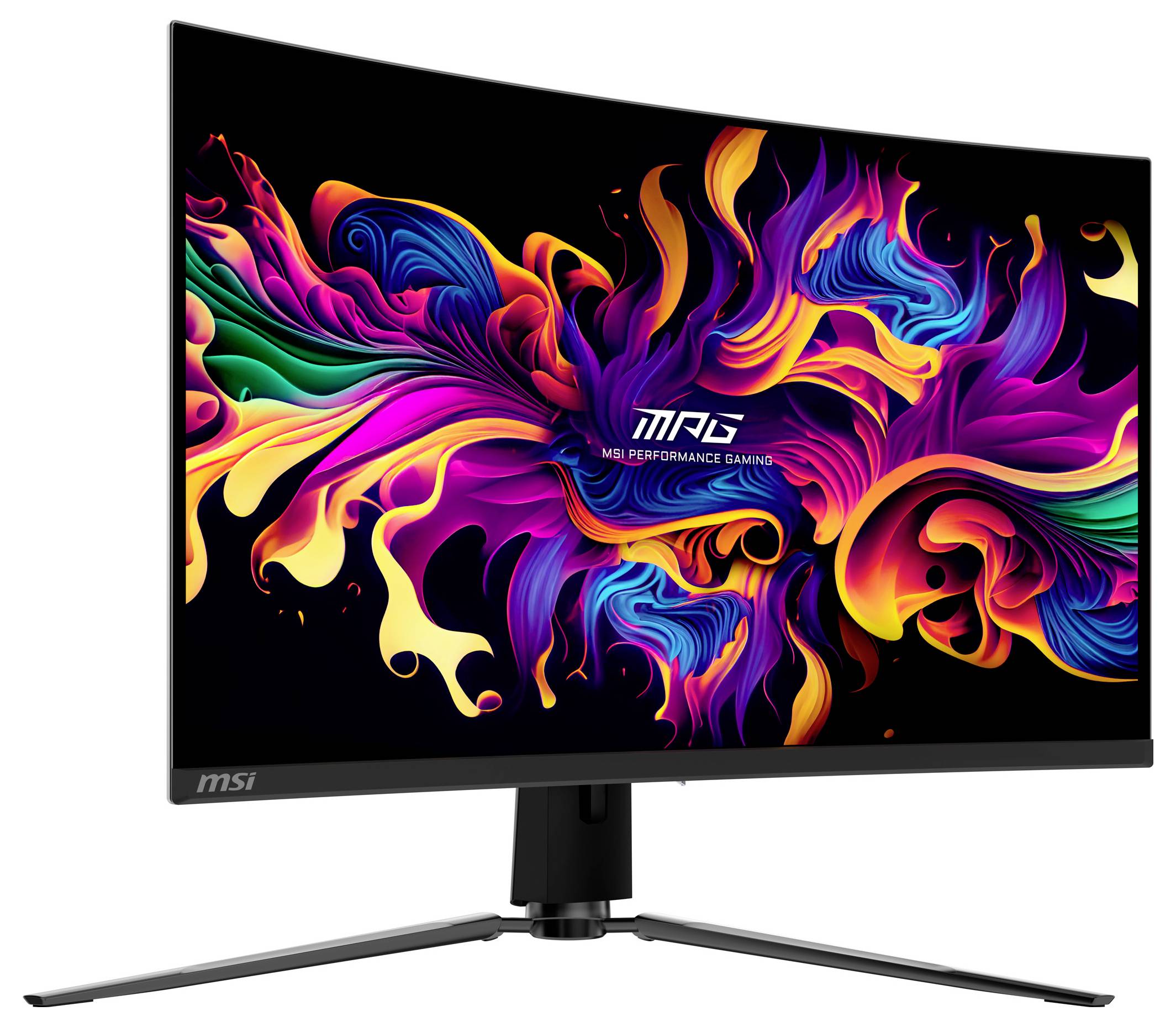 Ein gekrümmter MSI-Monitor zeigt ein buntes, abstraktes Kunstwerk auf dem Bildschirm.