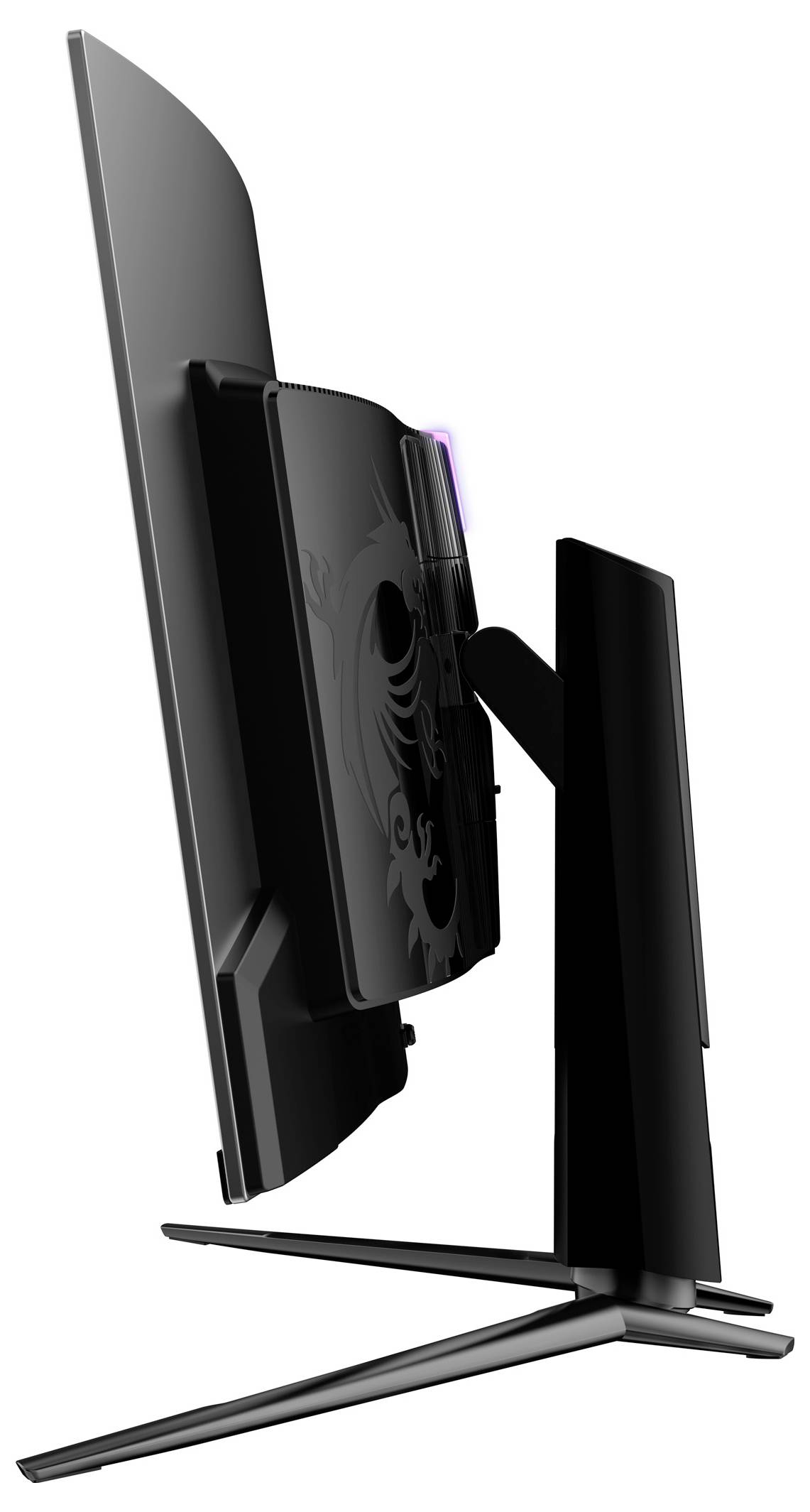 Seitenansicht eines ultradünnen schwarzen Computerbildschirms auf einem Ständer, der nach rechts zeigt.