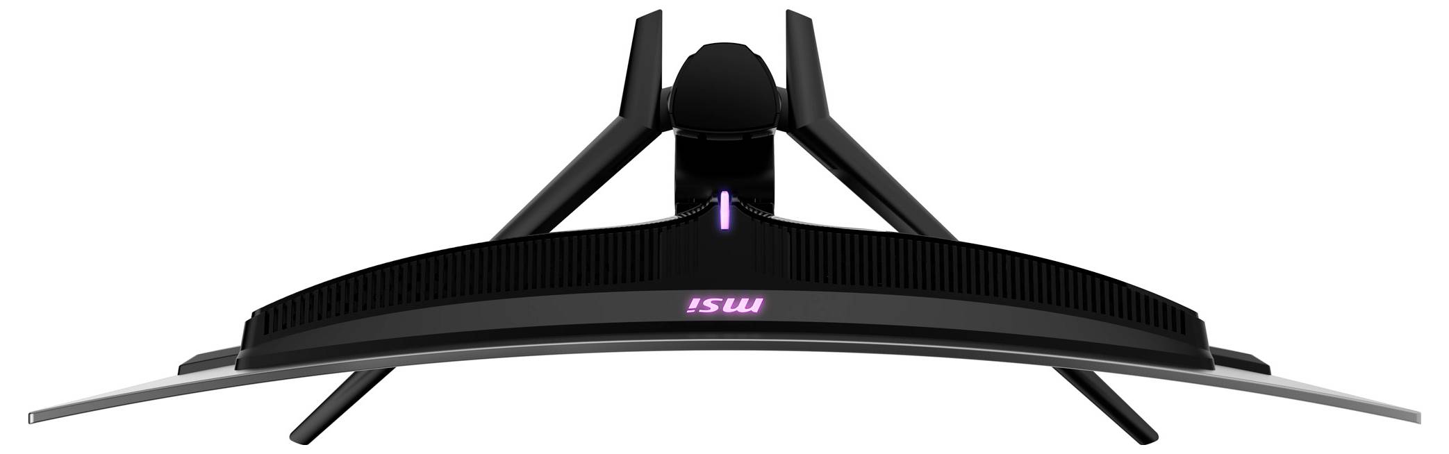 Ein gebogener Computerbildschirm von oben, der in einem modernen Design gehalten ist.