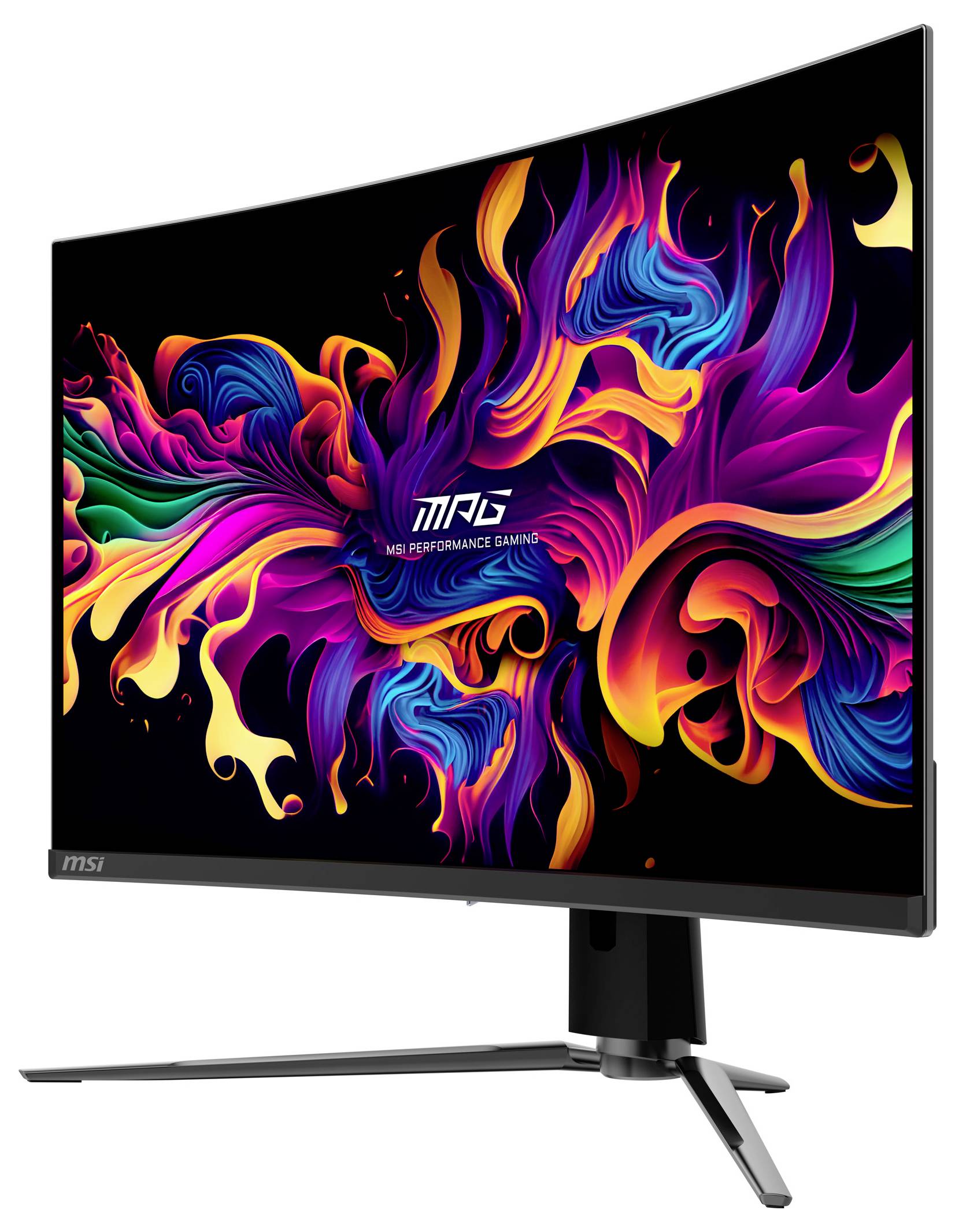 Ein gebogener MSI-Monitor zeigt ein abstraktes, buntes Design auf dem Bildschirm. Gerader silberner Standfuß, ideal für Gaming.