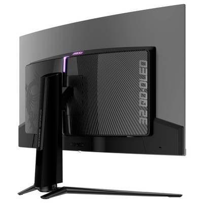 Rückansicht eines modernen, gebogenen Computermonitors mit schlankem Standfuß. Der Bildschirm zeigt keine Inhalte.