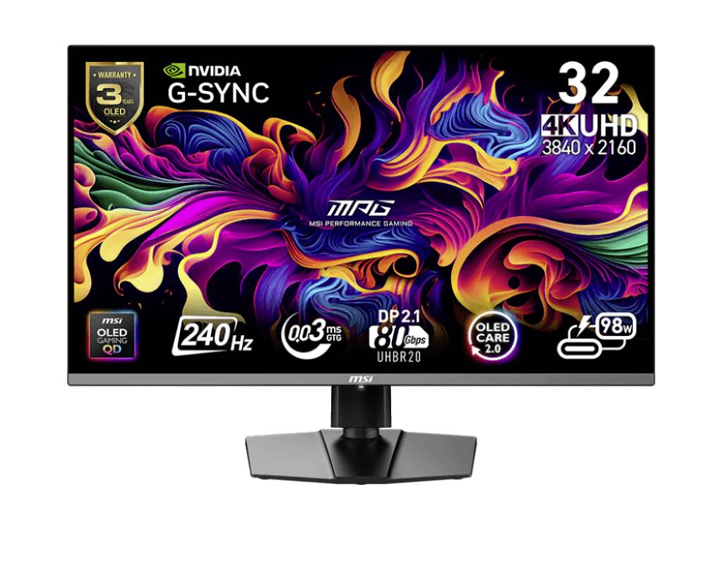 'NVIDIA G-SYNC' Monitoranzeige: 32 Zoll 4K UHD (3840 x 2160) mit 240 Hz, 0,03 ms GTG. Enthält 'OLED Care' und USB-C 98 W Versorgung.