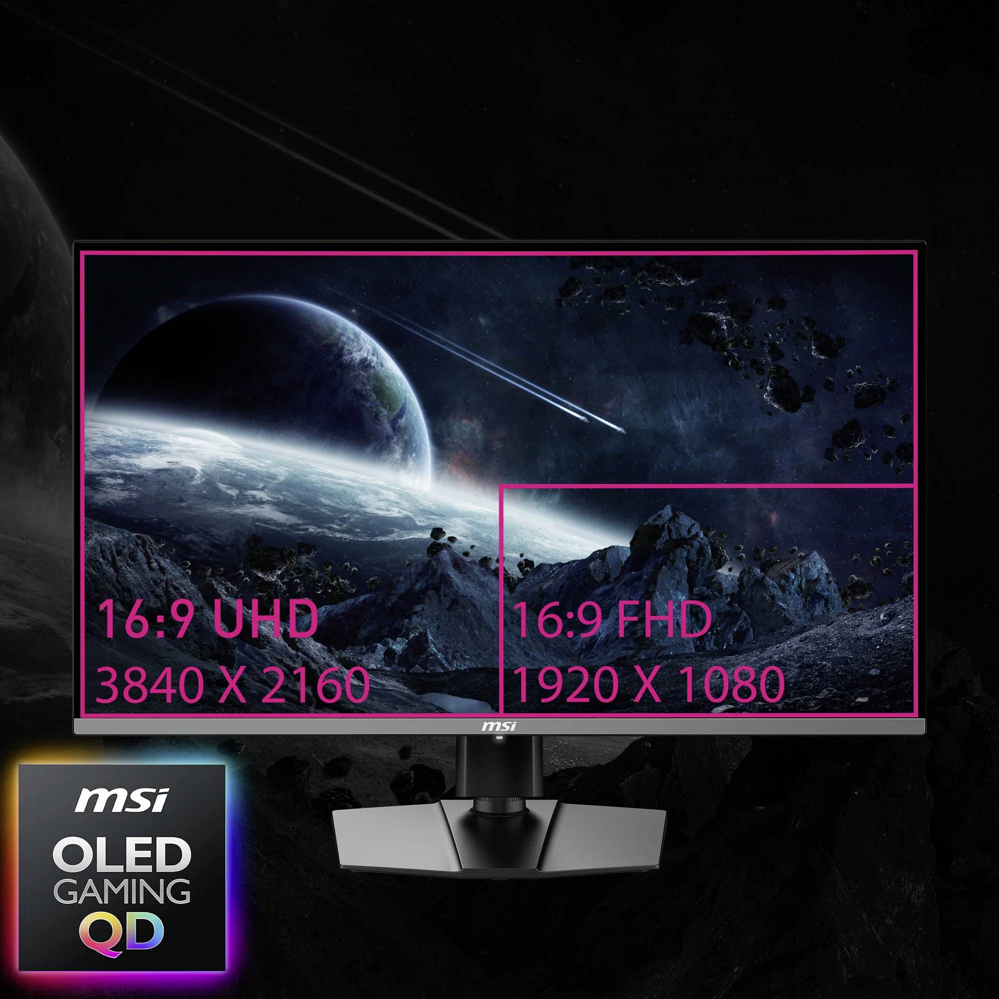 Ein Computermonitor zeigt zwei Bildaufteilungen: links 16:9 UHD 3840 x 2160, rechts 16:9 FHD 1920 x 1080. Anzeige des Weltraums.