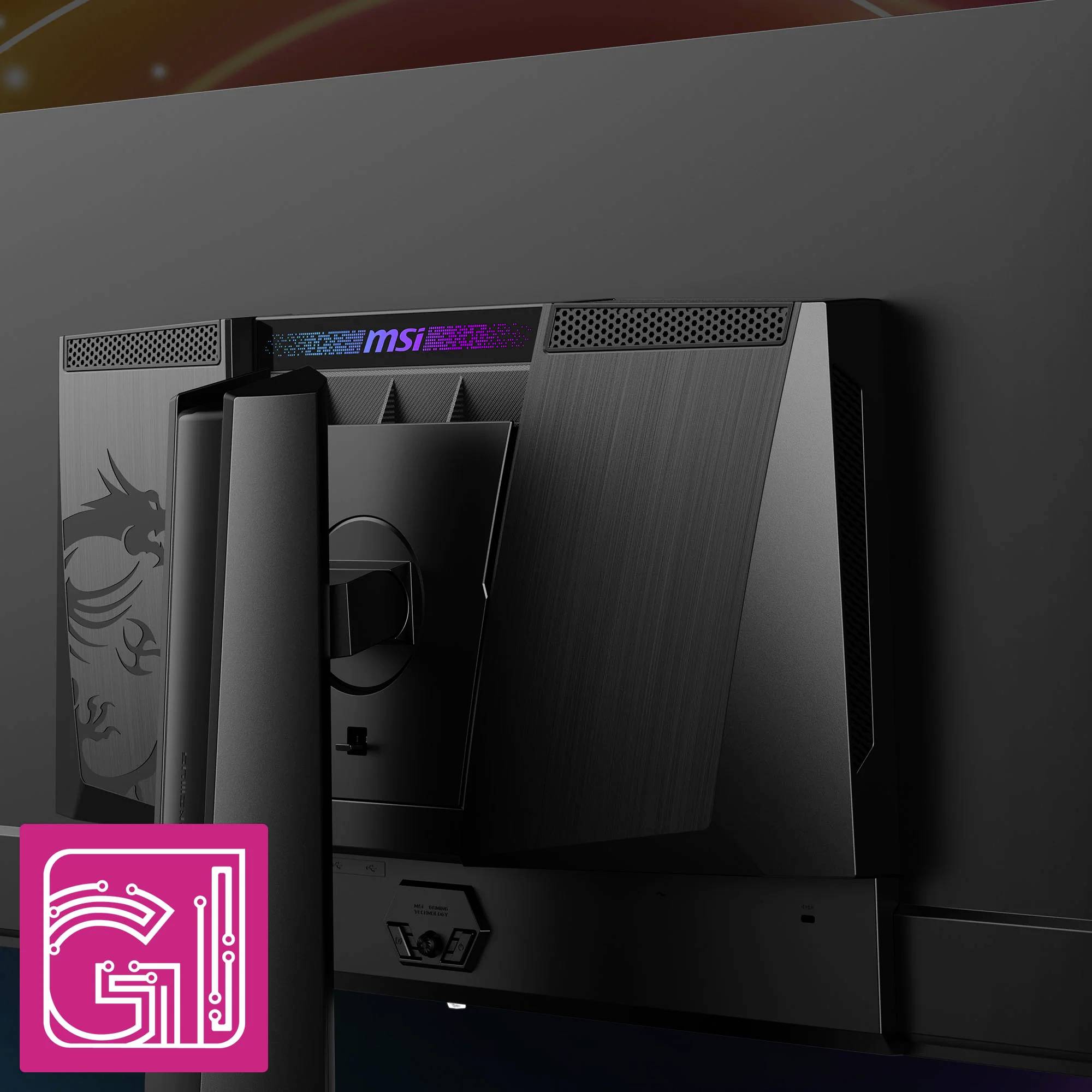 Rückseite eines MSI-Gaming-Monitors mit Drachen-Logo und RGB-Beleuchtung oben.