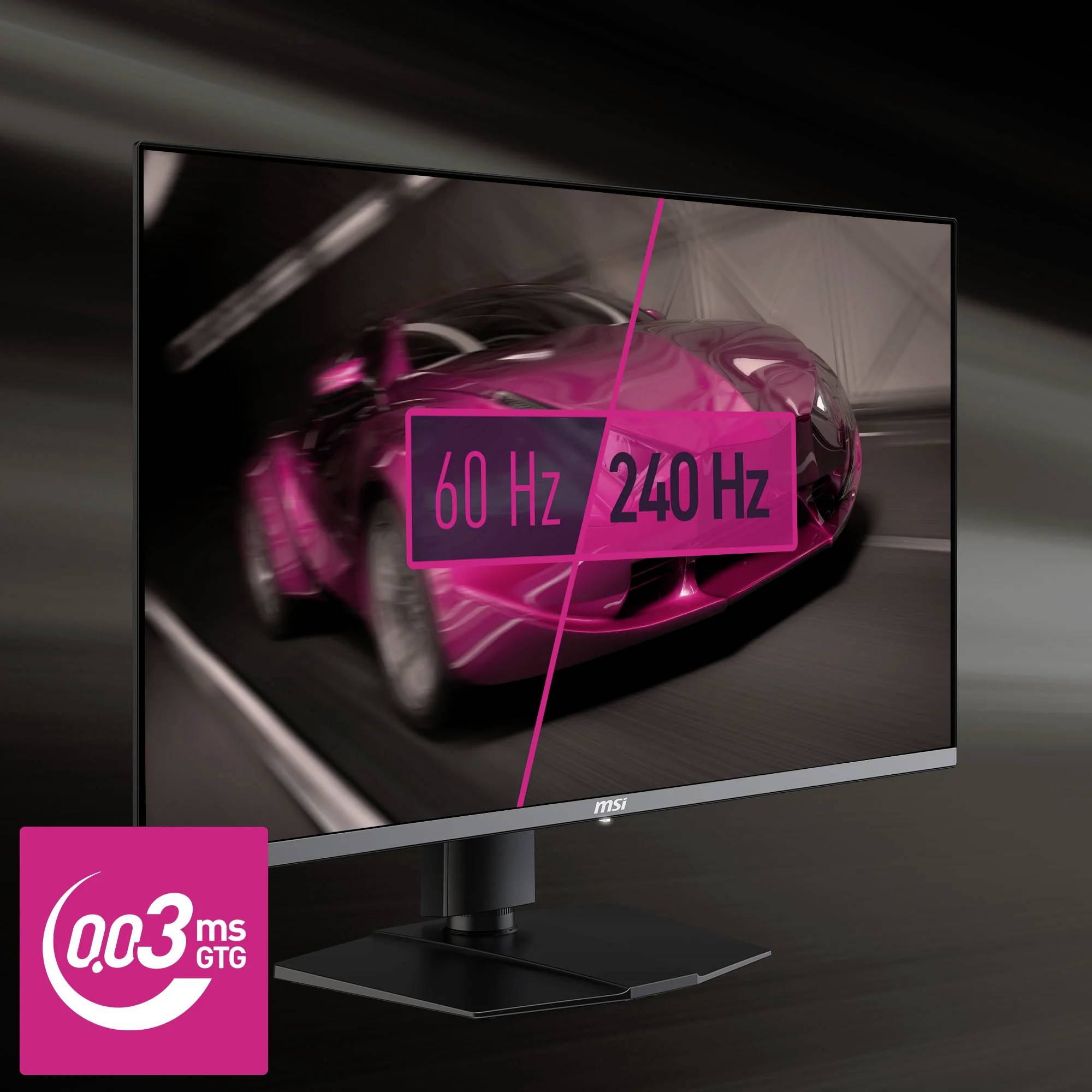 Ein Monitor zeigt ein Vergleichsbild: Links mit 60 Hz, verschwommenes Auto; rechts mit 240 Hz, klares Auto. Text unten links: '0,03 ms GTG'.