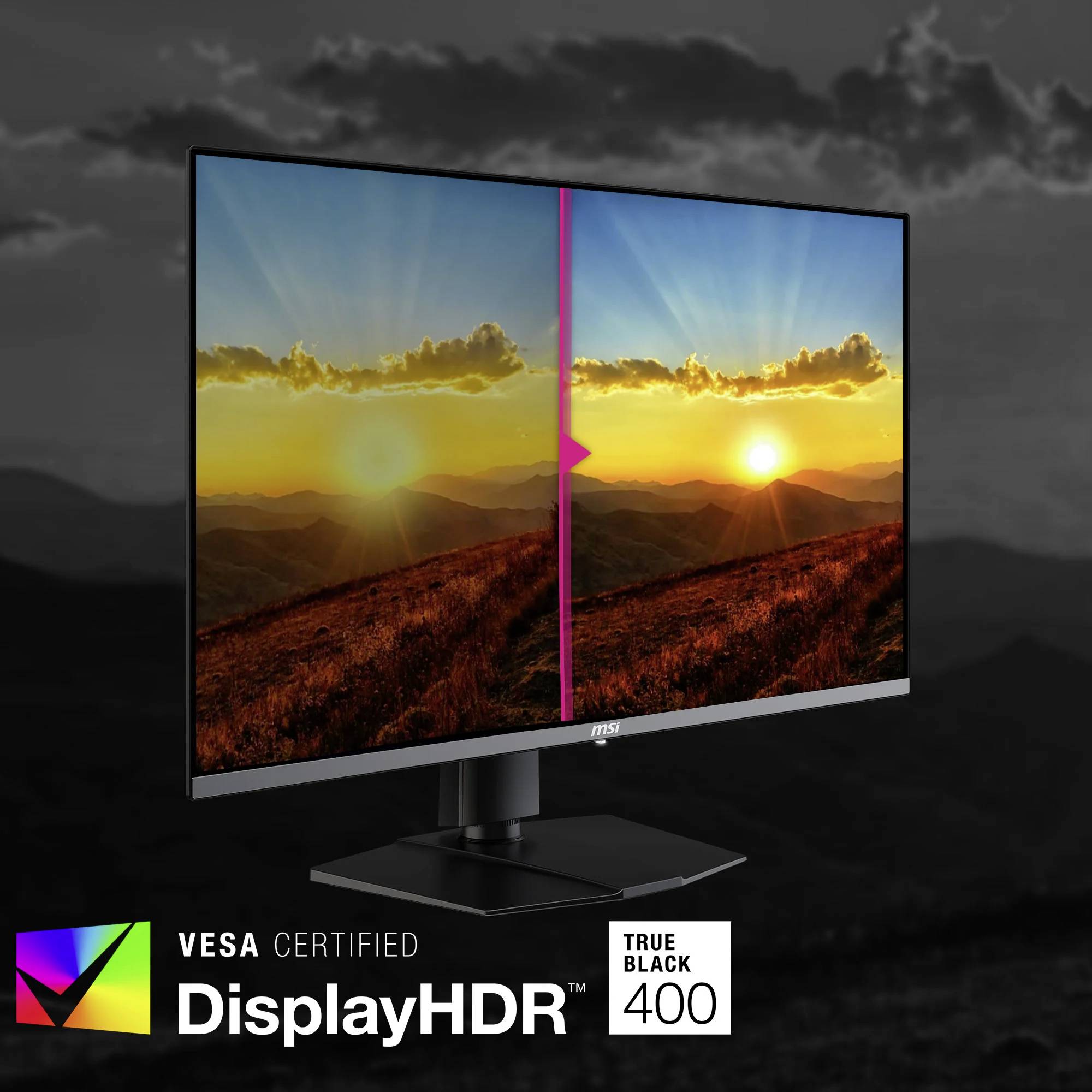 Ein Computerbildschirm zeigt ein Sonnenuntergangsbild, geteilt in zwei Hälften, um HDR-Effekte zu demonstrieren. Links intensivere Farben als rechts.