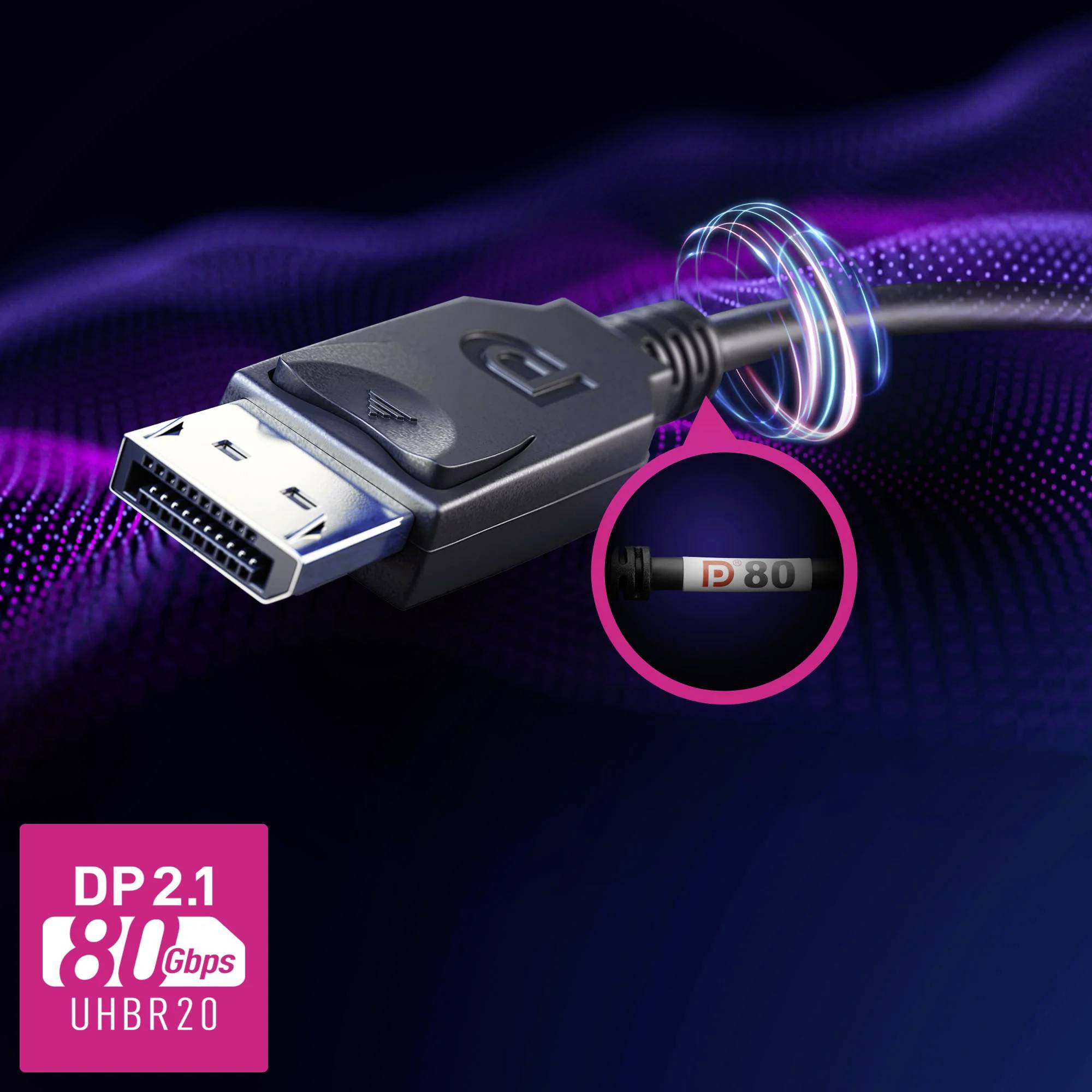 Ein DisplayPort-Kabel mit Stecker und 'DP 2.1 UHBR20 80Gbps' Text auf einem dunkelblauen Hintergrund, betont Konnektivität.