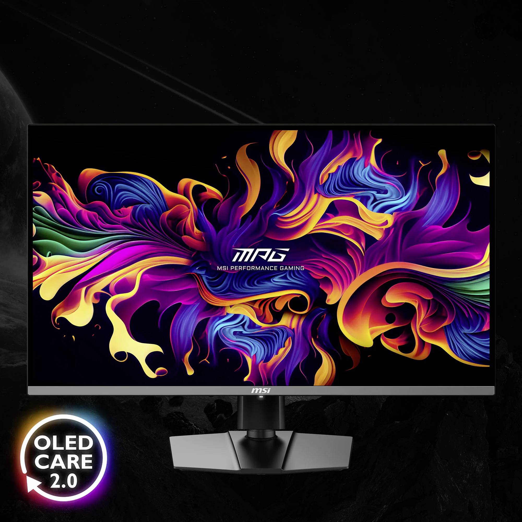 Monitor mit leuchtendem, mehrfarbigem, abstraktem Design auf dem Bildschirm, beworben als 'OLED Care 2.0', vor dunklem Hintergrund.