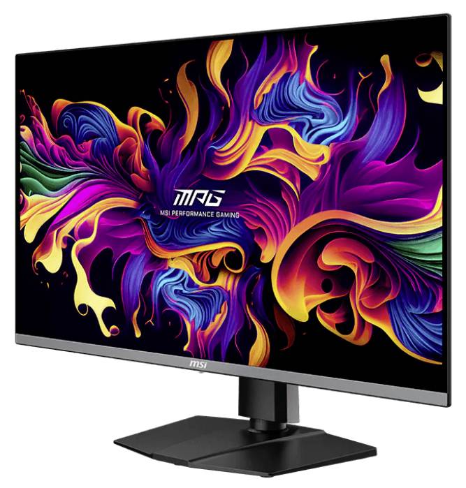 Ein Computermonitor mit einer lebhaften, bunten abstrakten Grafik auf dem Bildschirm. Das Logo 'MPG MSi Performance Gaming' ist sichtbar.