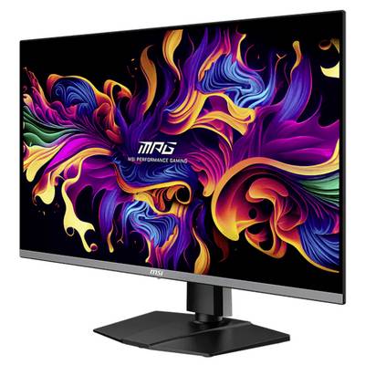 Ein Computermonitor mit einer lebhaften, bunten abstrakten Grafik auf dem Bildschirm. Das Logo 'MPG MSi Performance Gaming' ist sichtbar.