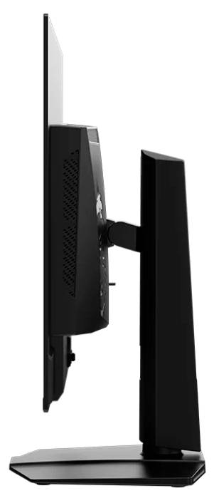 Seitenansicht eines modernen, schlanken Computermonitors mit schmalem Rahmen, auf stabilem Standfuß montiert.
