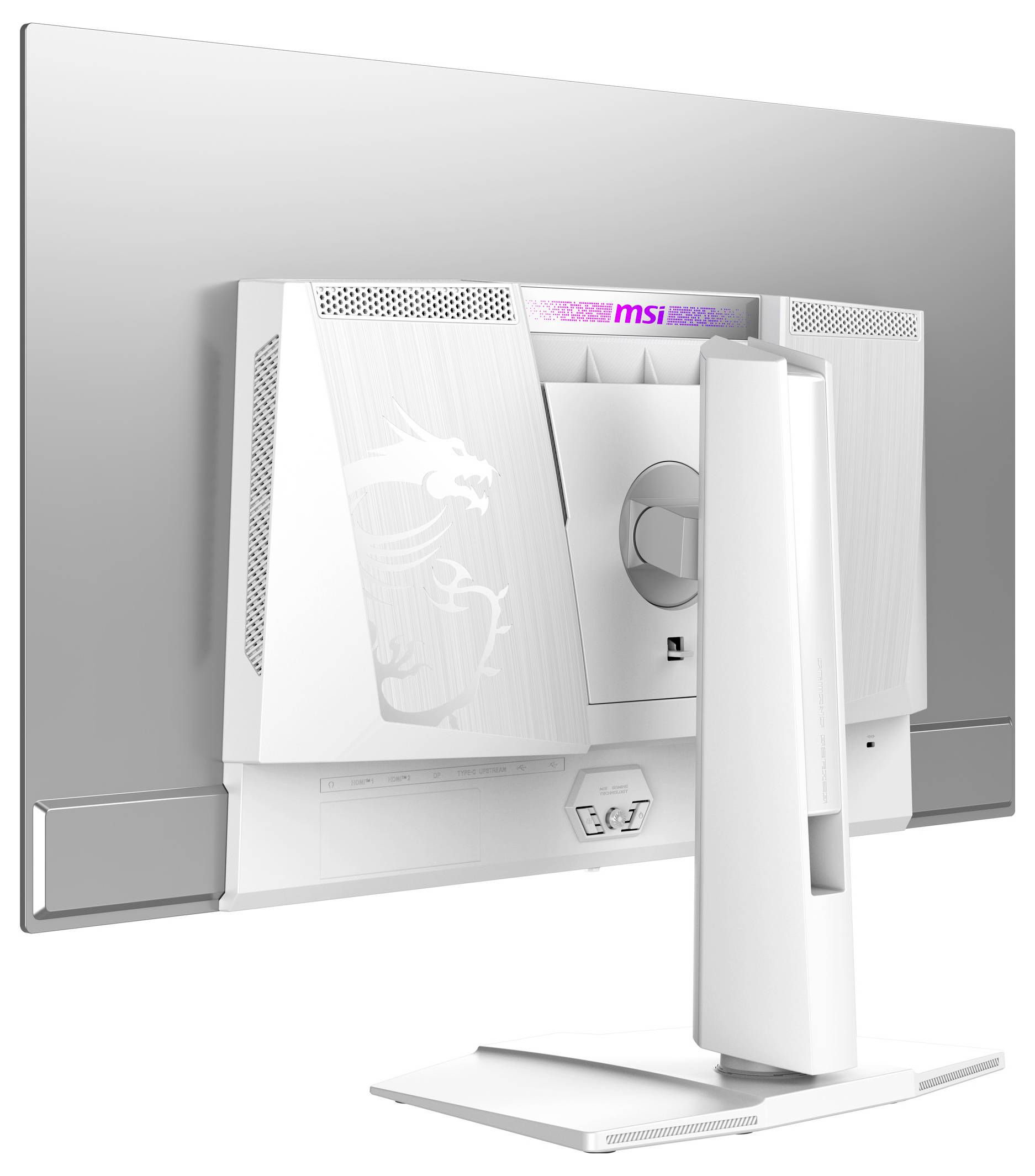 Ein weißer Computermonitor von links hinten betrachtet. Er zeigt ein beleuchtetes Logo und Lüftungsschlitze auf der Rückseite.