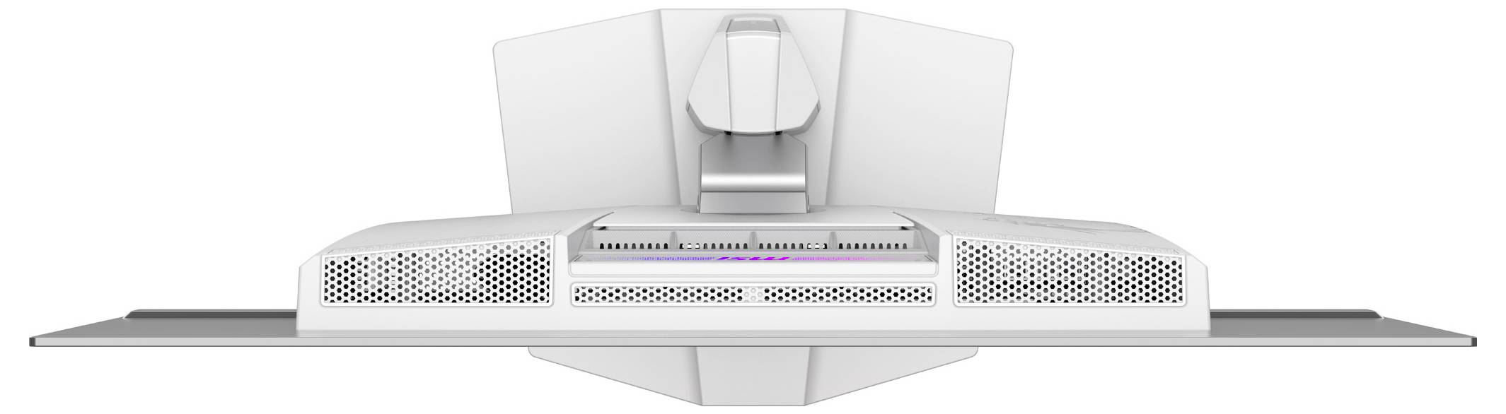 Weißer Computerbildschirmrückseite mit Lüftungsschlitzen und verstellbarem Standfuß, schlichte moderne Gestaltung.
