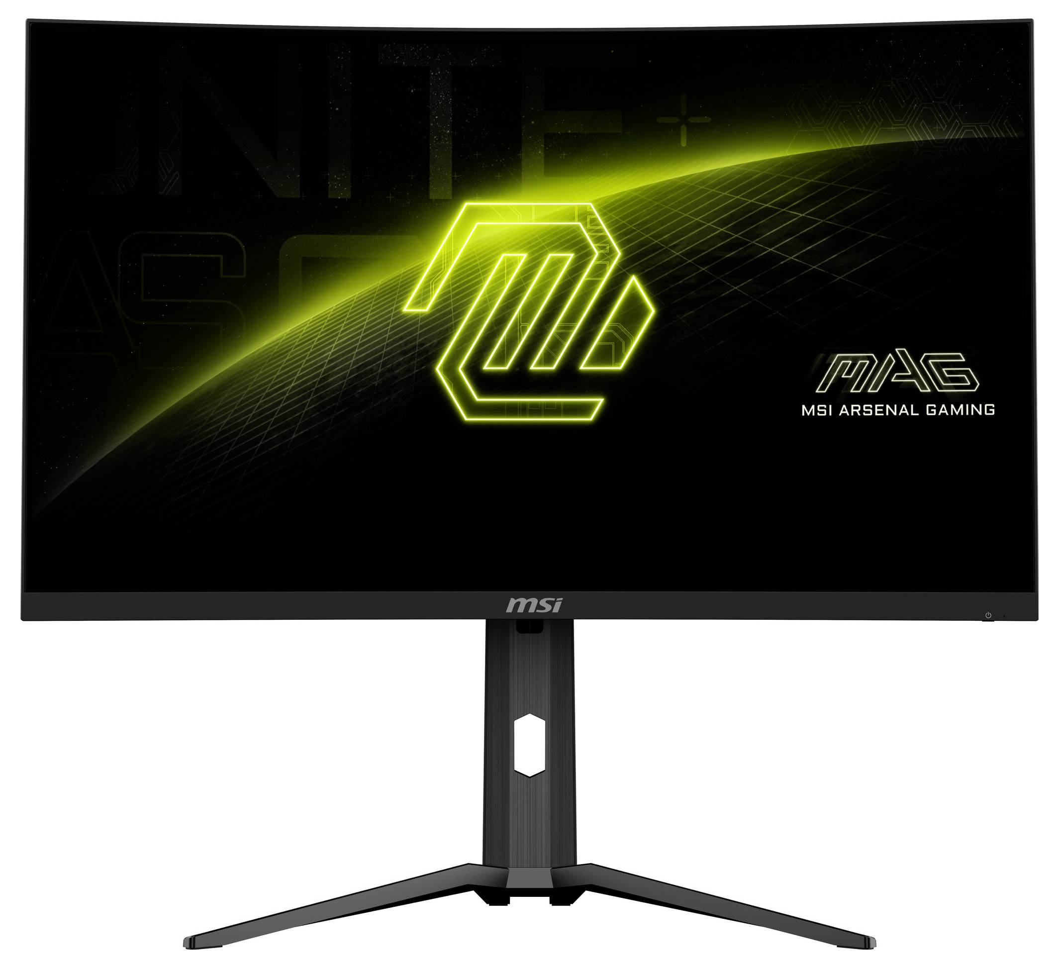 Ein MSI Gaming-Monitor mit gebogenem Bildschirm, schwarzem Rahmen und gelbem Leuchtlogo in der Mitte der Anzeige.