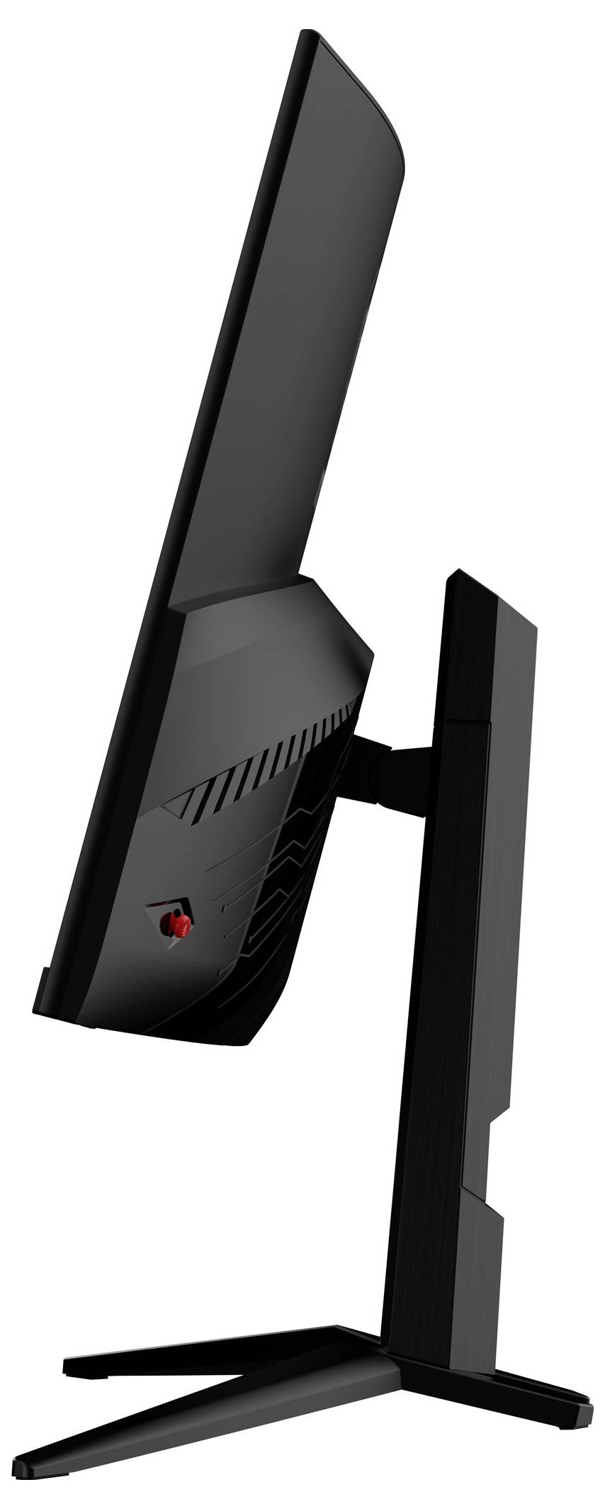 Ein schwarzer, dünner Computerbildschirm im Profil von der Seite, zeigt die Form und Standfußkonstruktion.