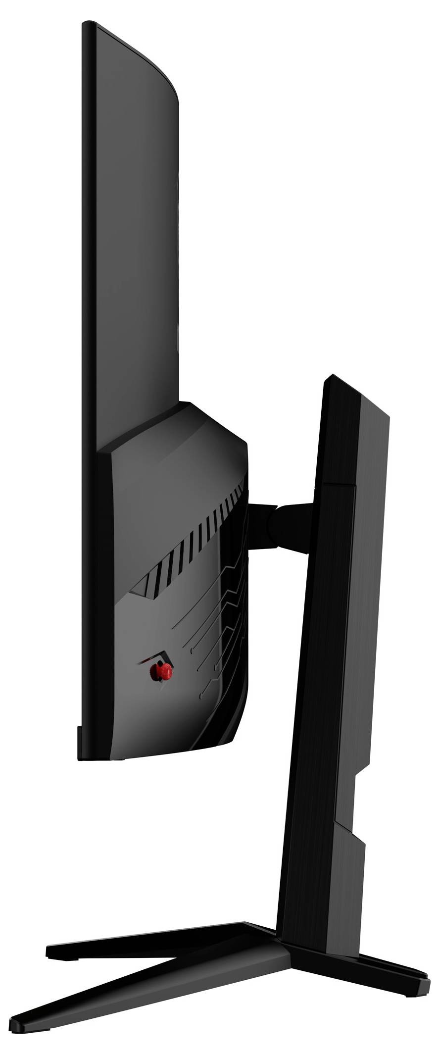 Seitenansicht eines schwarzen Computerbildschirms mit schlankem Rahmen auf einem stabilen Standfuß, leicht nach hinten geneigt.