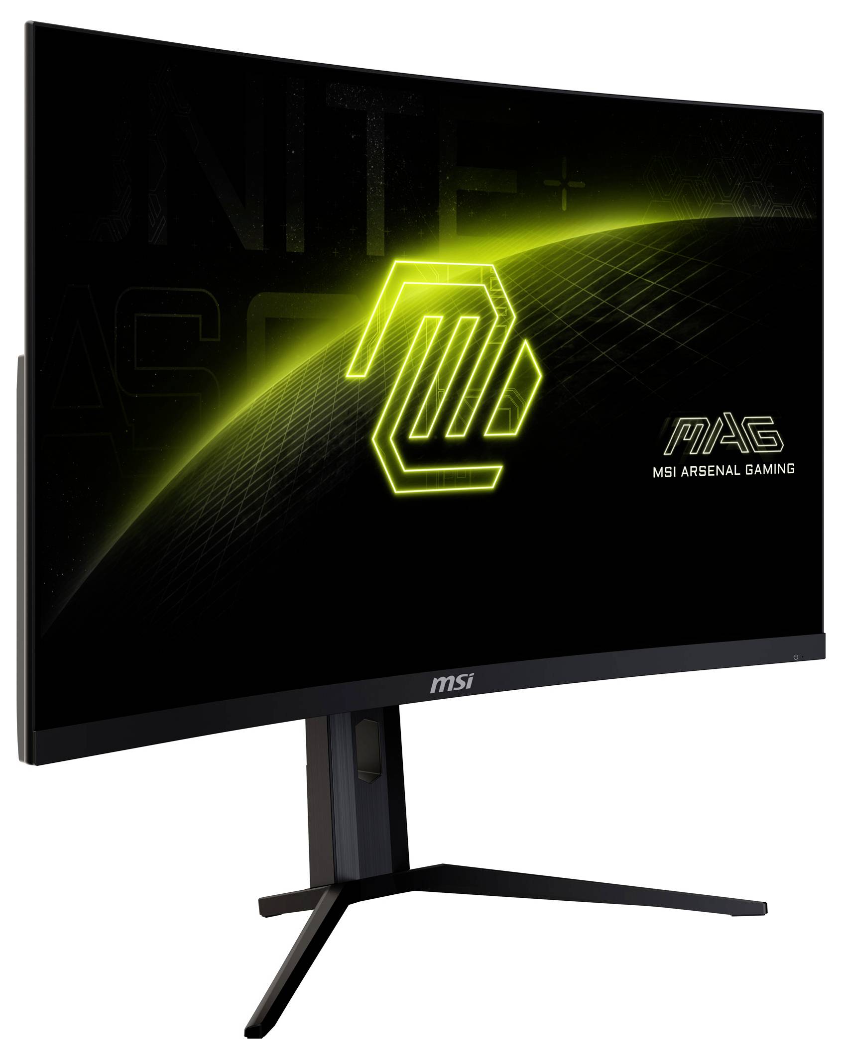 Ein gebogener Gaming-Monitor von MSI mit einem beleuchteten Logo, schwarzem Rahmen und einem stabilen Standfuß.