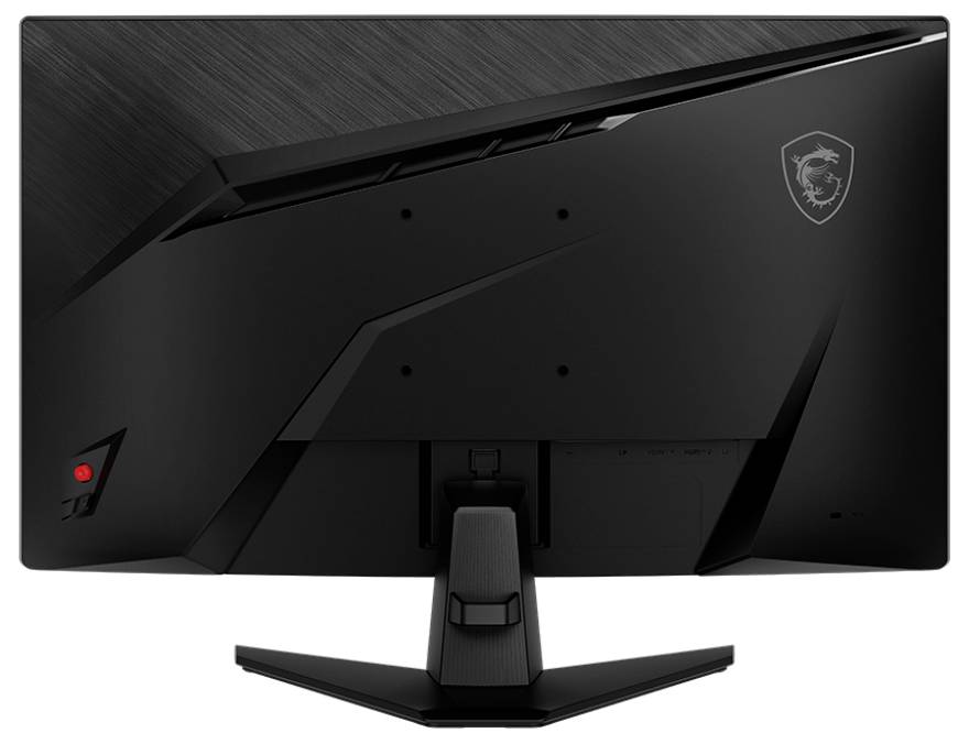 Rückansicht eines modernen schwarzen Computermonitors mit Logo in der oberen rechten Ecke und einem durchgehenden, kantigen Design.