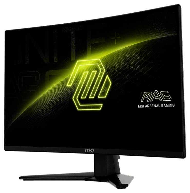 Ein gebogener Gaming-Monitor von MSI mit leuchtendem grünen Logo und Schriftzug 'MSI Arsenal Gaming'. Der Bildschirm zeigt ein futuristisches Design.