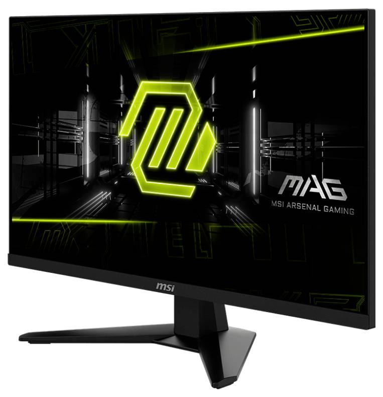 Ein Computermonitor zeigt eine futuristische Grafik mit einem grünen Emblem in der Mitte und dem Text ‚MAG MSI Arsenal Gaming' auf der rechten Seite.