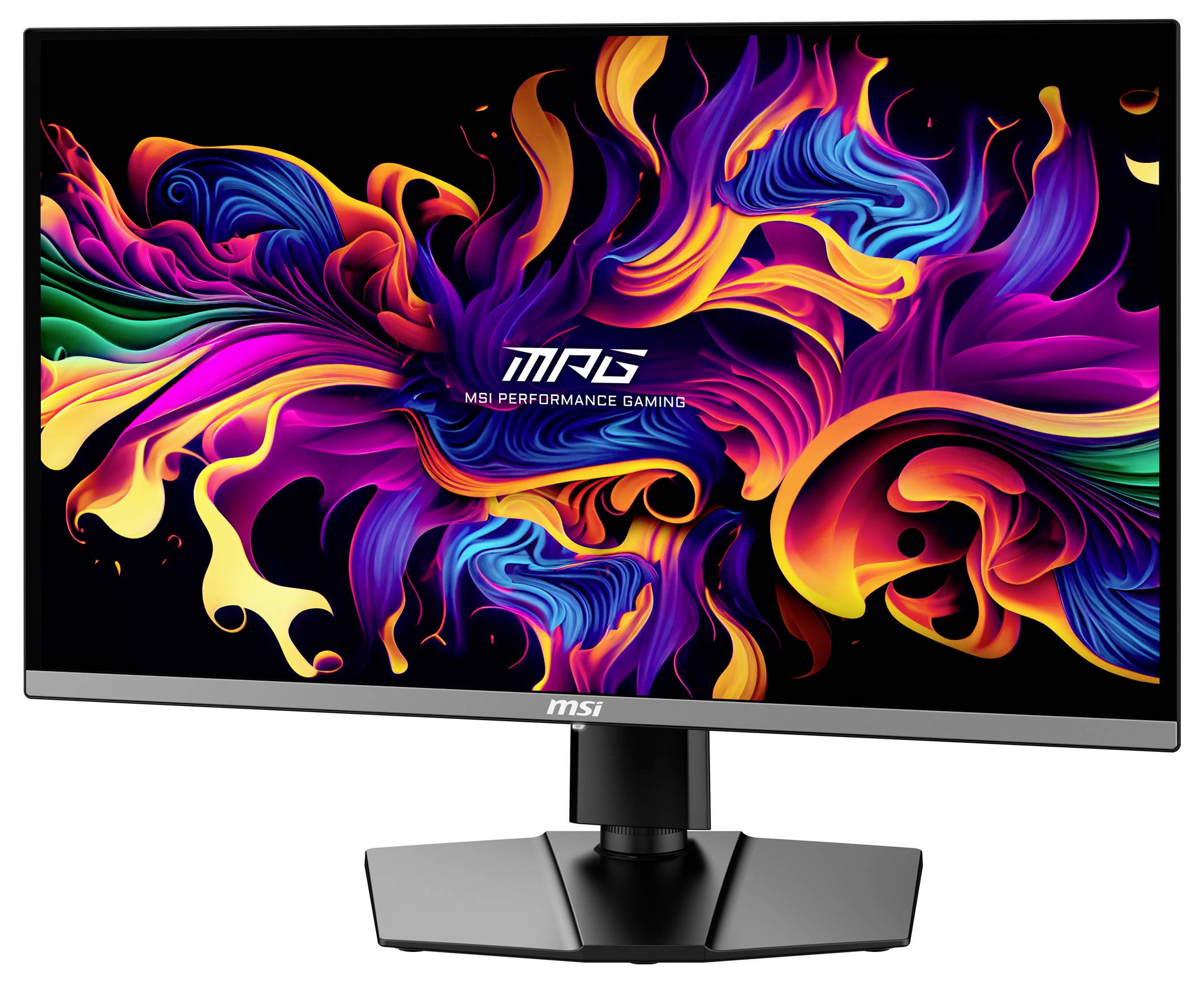 Ein Computerbildschirm zeigt ein farbenfrohes, abstraktes Design in leuchtenden Tönen. Aufschrift: 'MSI PERFORMANCE GAMING'.