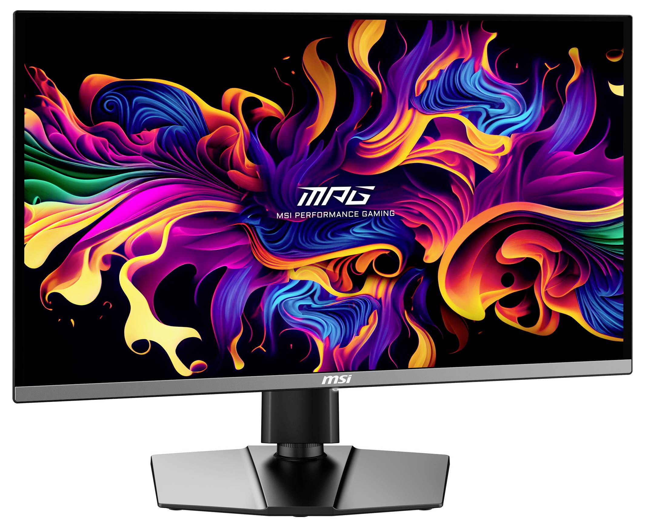 Ein Gaming-Monitor mit einem lebendigen, abstrakten, bunten Hintergrund auf dem Bildschirm und dem Logo 'MPG Performance Gaming'.
