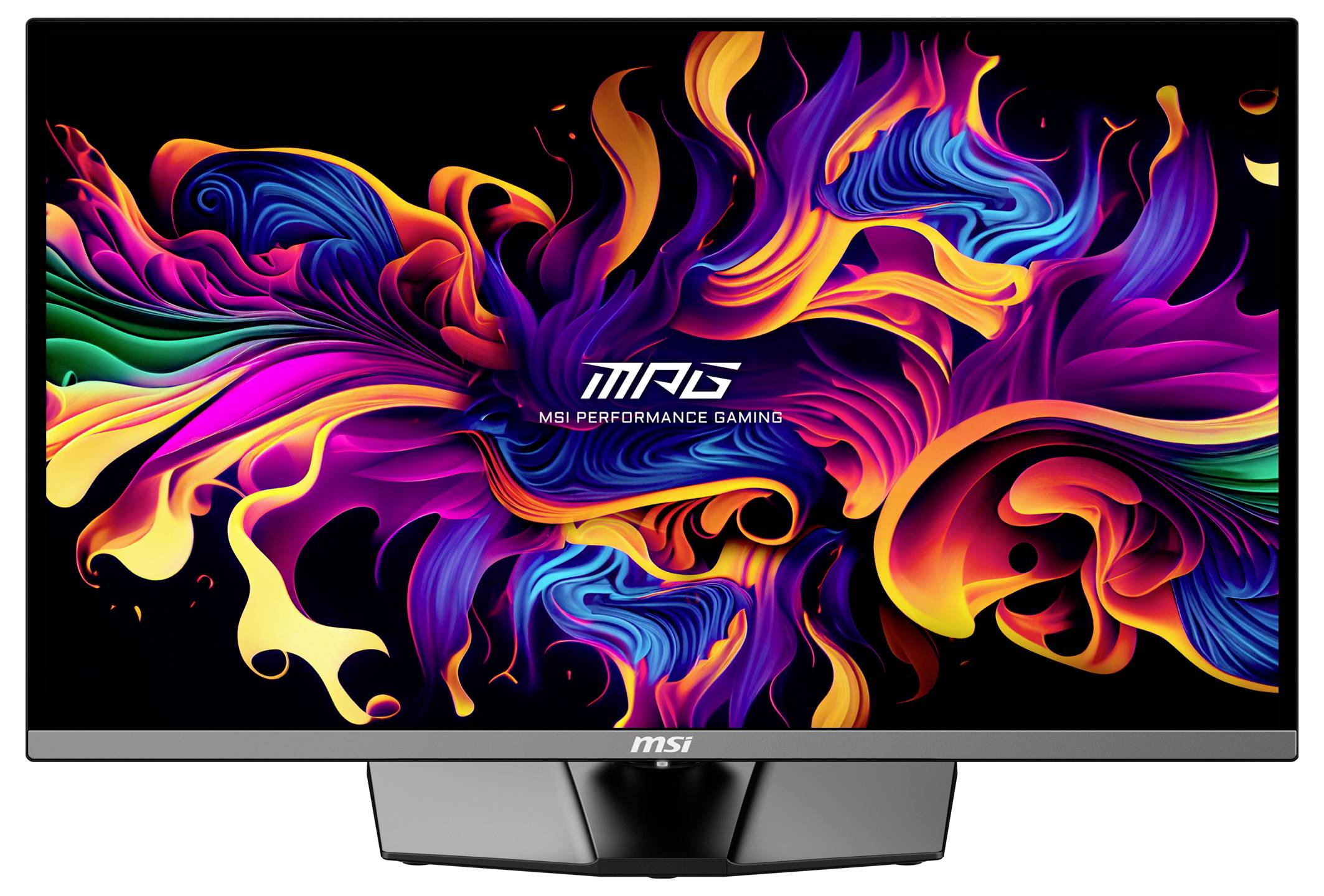Gaming-Monitor mit lebendigem, abstraktem Hintergrund in bunten Farben. Der Bildschirm zeigt den Text 'MSI Performance Gaming' in der Mitte.