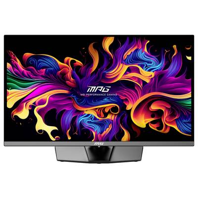 Gaming-Monitor mit lebendigem, abstraktem Hintergrund in bunten Farben. Der Bildschirm zeigt den Text 'MSI Performance Gaming' in der Mitte.