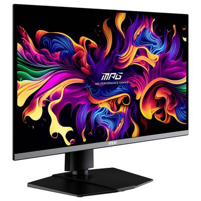 Ein Computermonitor zeigt ein lebendiges, abstraktes Kunstmuster in leuchtenden Farben. Oben steht 'MAG MSI Performance Gaming'.
