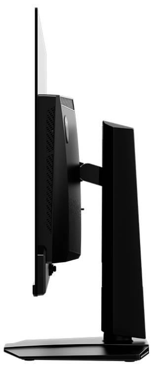 Seitenansicht eines schlanken Computermonitors auf einem schwenkbaren Standfuß.