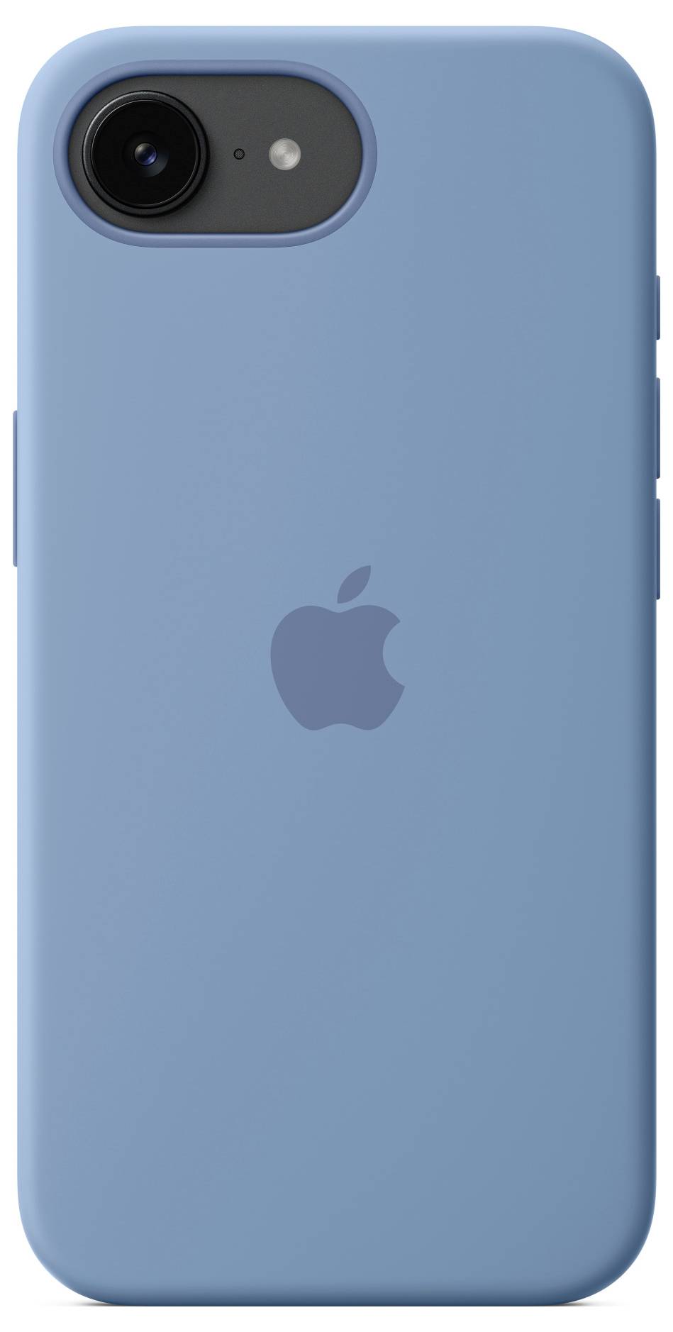 Blaues Smartphone mit Apfel-Logo auf der Rückseite. Klarer, minimalistischer Stil.