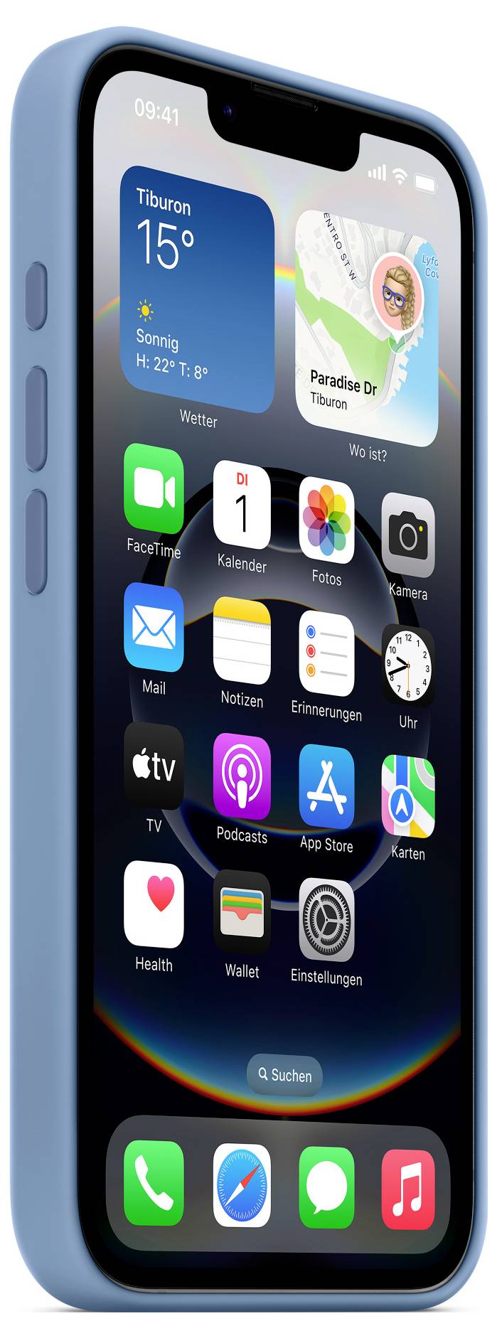 Smartphone mit blauem Case zeigt Startbildschirm mit Wetter-Widget ('15°'), Karten-App, Uhrzeit ('09:41') und weiteren Apps wie Nachrichten und App Store.