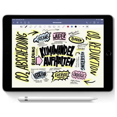 Tablet mit handschriftlicher Mindmap zum Thema Klimawandel. Begriffe: 'CO2-Abscheidung', 'Bildung', 'Verkehr', 'Ozeane', 'Wälder', 'Boden', 'CO2-Reduktion', 'Regierung', 'Energie', 'Ökologie'.
