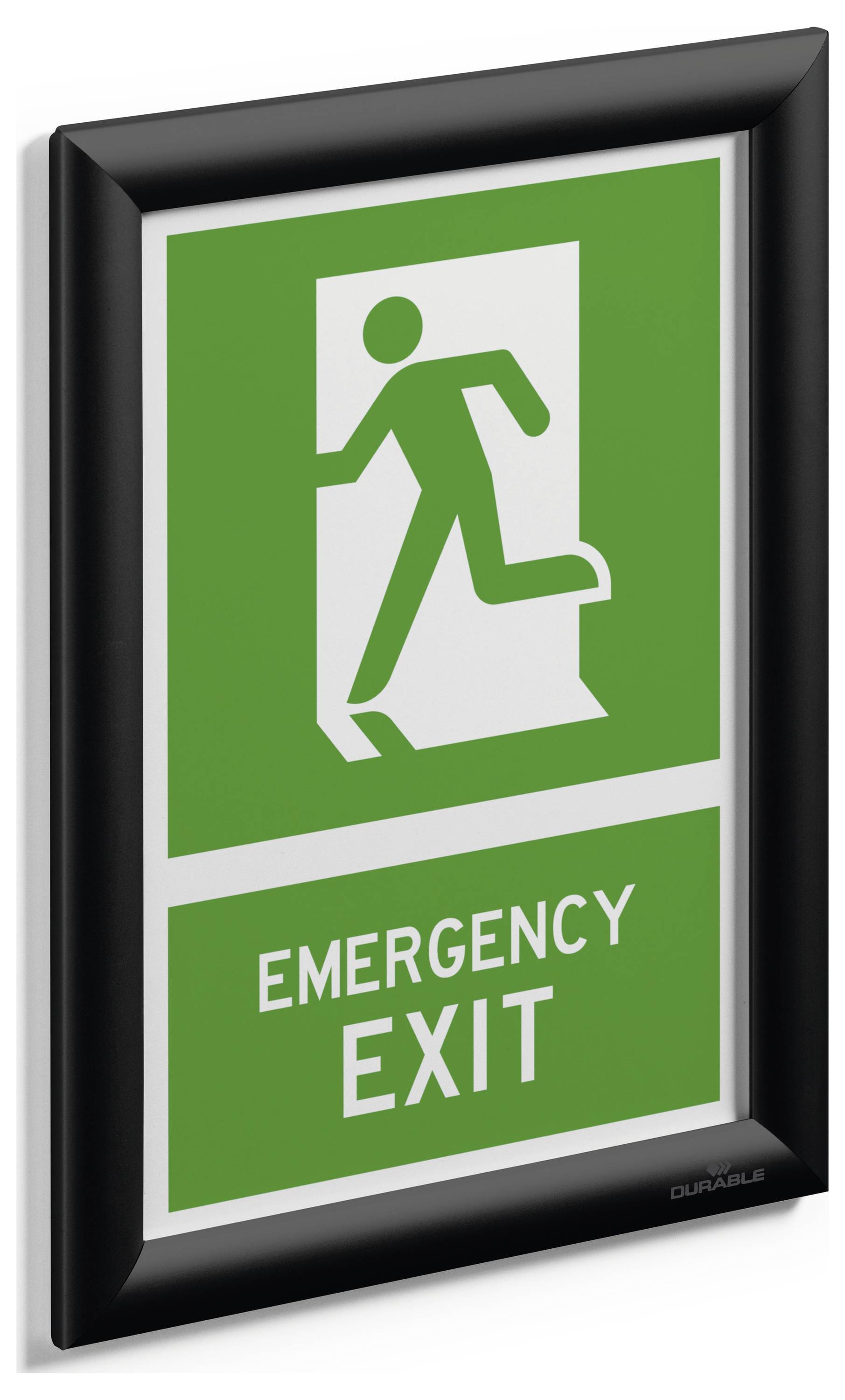 Grünes Notausgangsschild mit Piktogramm einer Person, die durch eine Tür läuft. Darunter der Text 'EMERGENCY EXIT'.