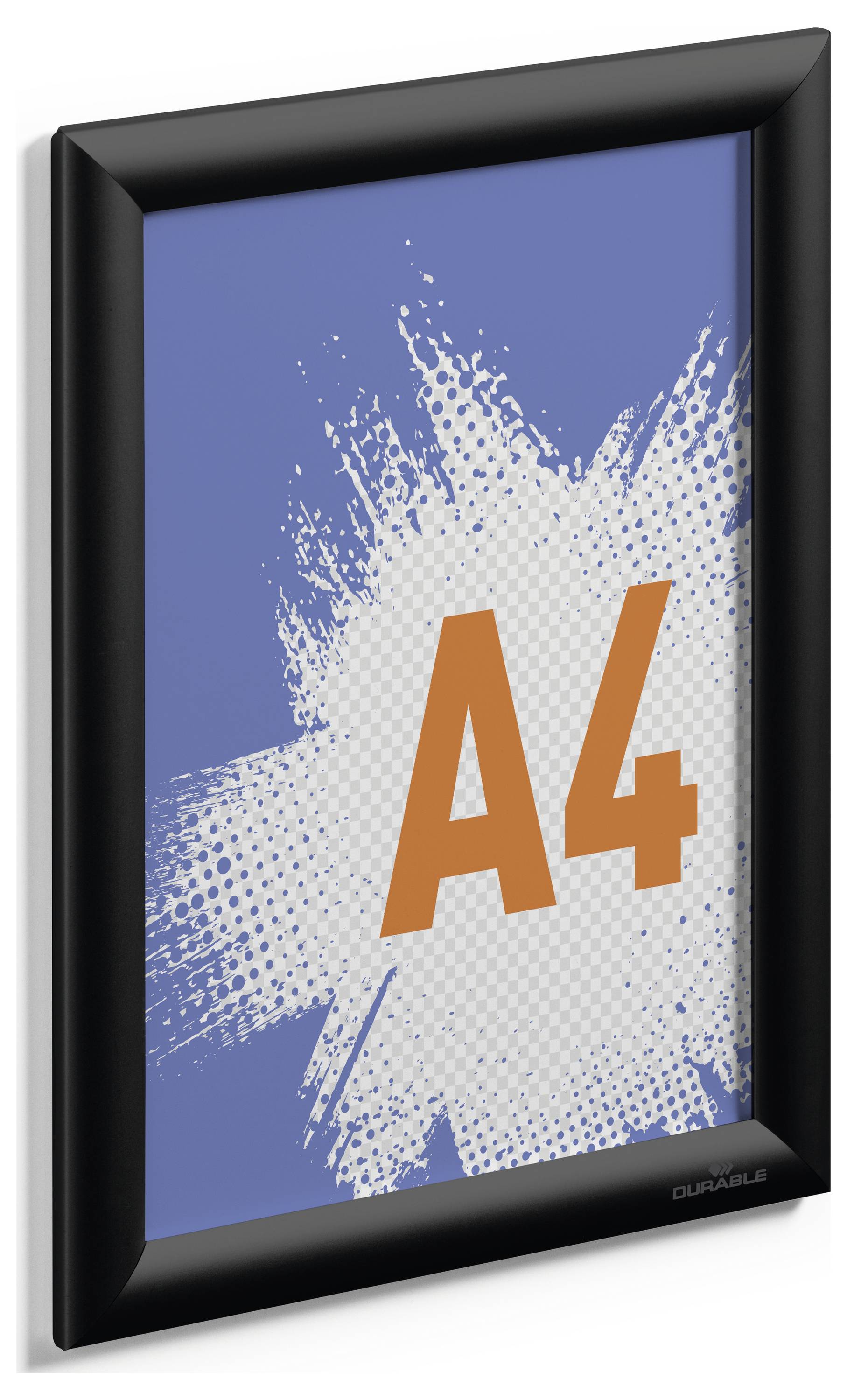 'Plakatrahmen im A4-Format mit blauem Hintergrund und weißem Farbspritzer-Design, ideal zum Präsentieren von Informationen oder Postern.'