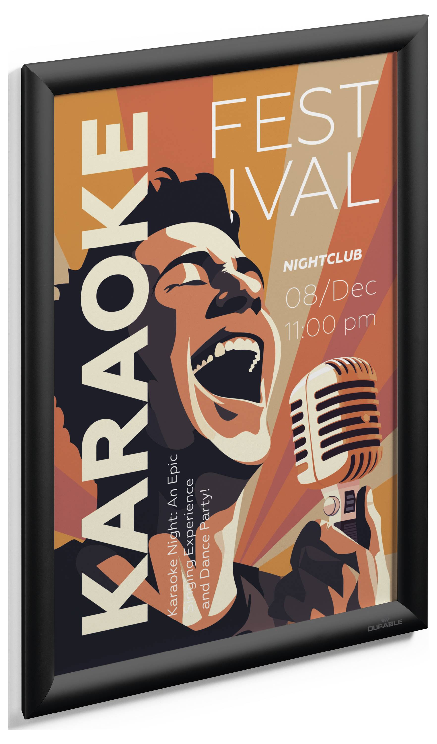 Werbeplakat für ein Karaoke-Festival im Nachtclub am 8. Dezember um 23 Uhr. Zeigt eine Person, die begeistert in ein Mikrofon singt.