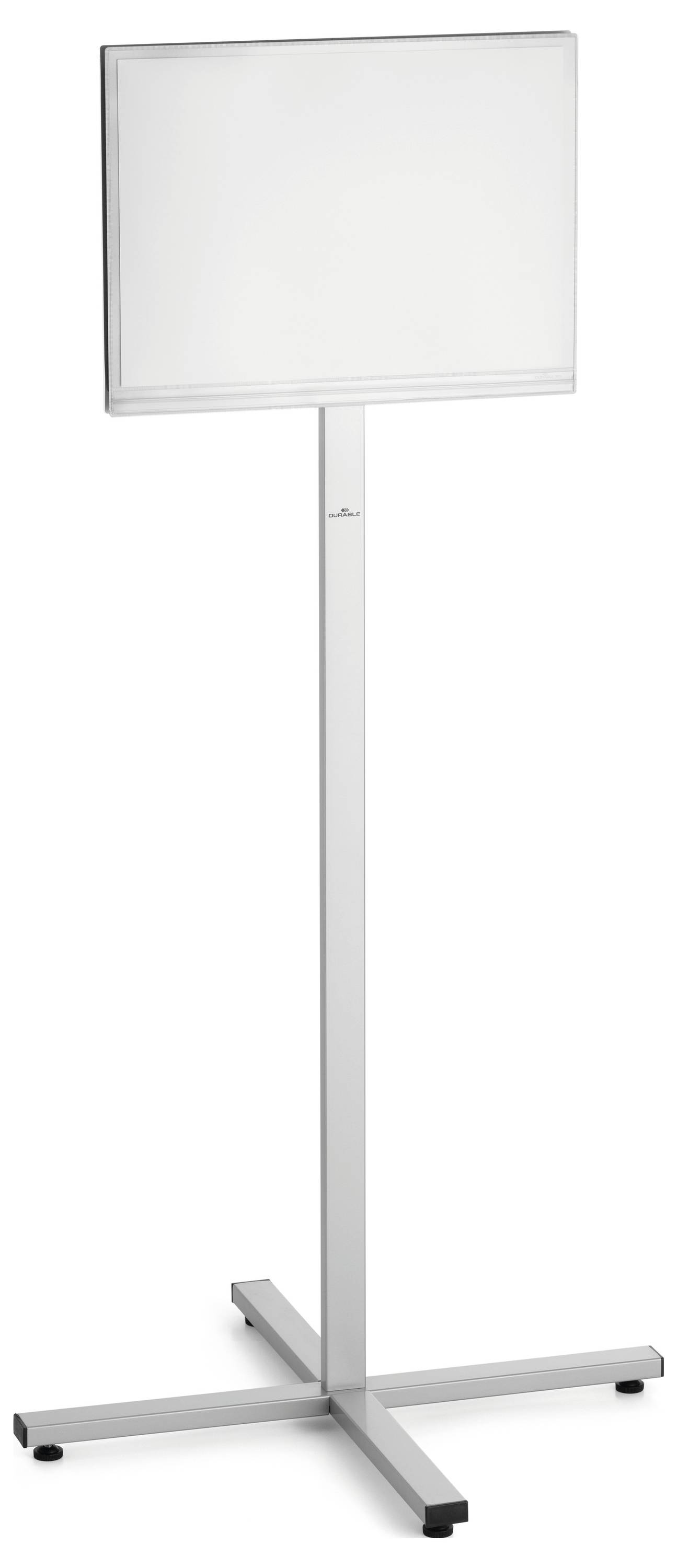 Ein leerer, rechteckiger Aufsteller mit silbernem Rahmen auf einem hohen, schmalen Ständer mit vierfüßiger Basis, steht aufrecht.