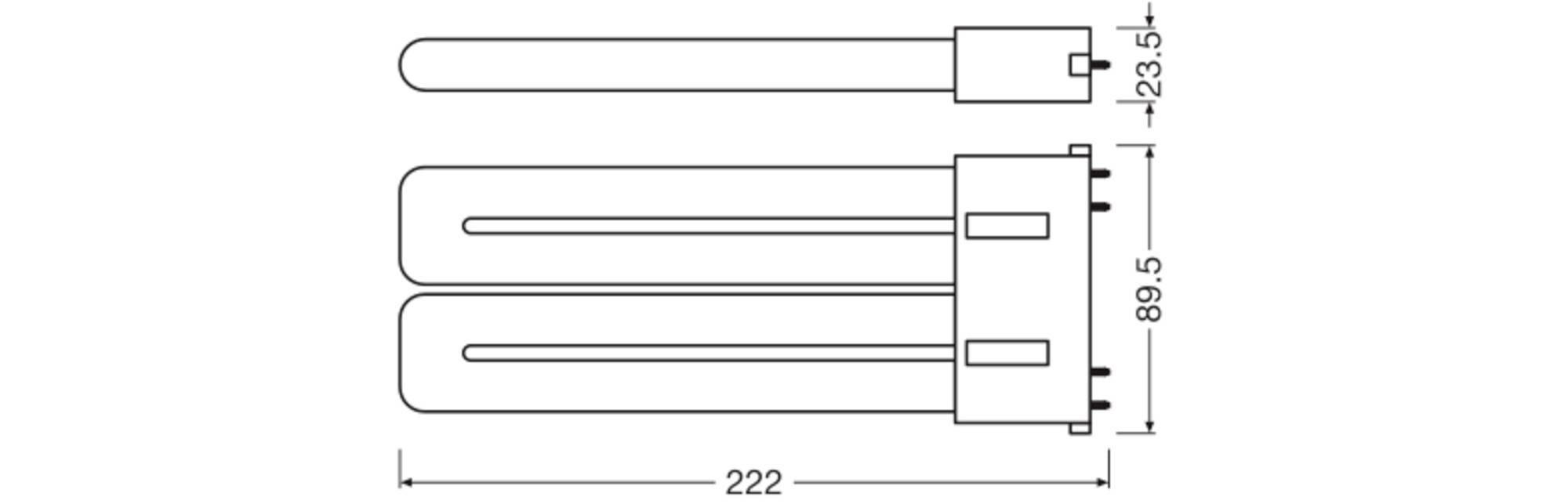 Diagramm einer Kompaktleuchtstofflampe mit zwei Röhren und den Maßen: Länge 222 mm, Höhe 89,5 mm, Breite der Steckverbindung 23,5 mm.