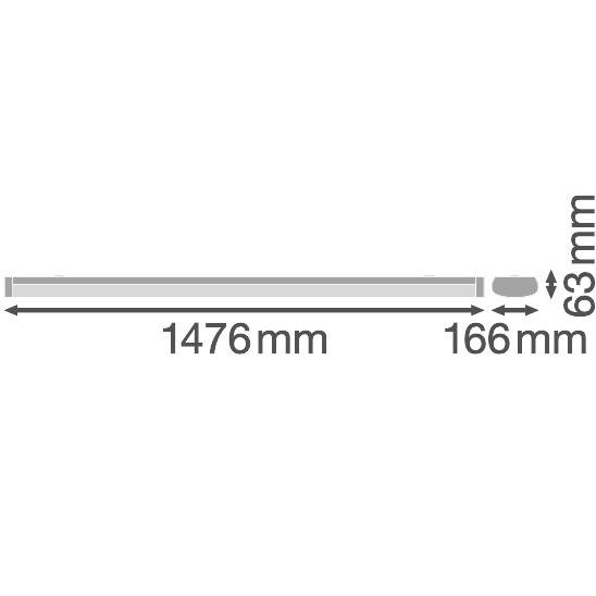 Die Grafik zeigt eine längliche Form mit den Maßen 1476 mm lang, 166 mm breit und 63 mm hoch. Maßen bezeichnen die Dimensionen der Form.