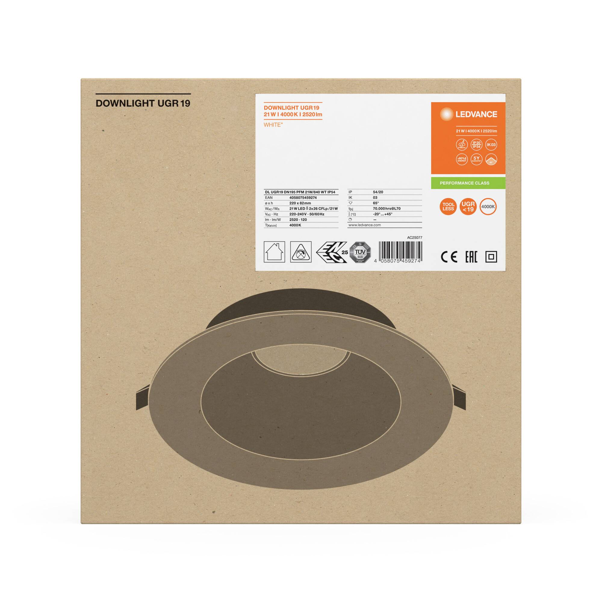 Kartonverpackung eines LED-Deckenstrahler-Einbauleuchte. Vorderseite zeigt Produktinformationen wie Marke 'LEDVANCE', Spezifikationen und Symbole.
