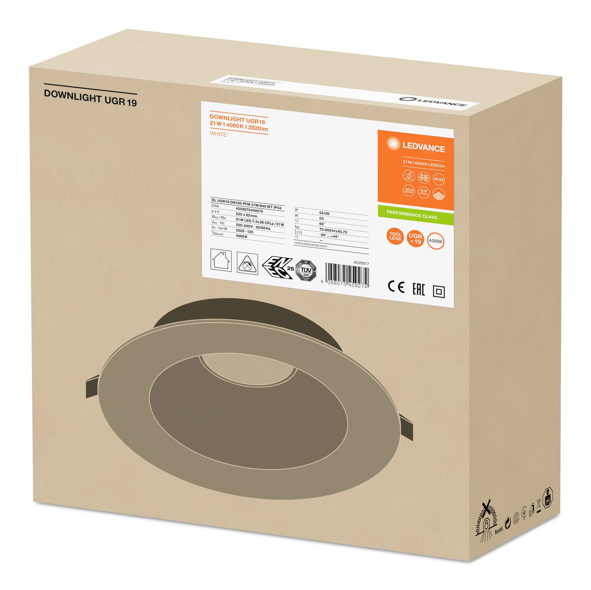 Die Verpackung eines LED-Downlight-Modells, auf der die Marke und technische Spezifikationen angezeigt werden.
