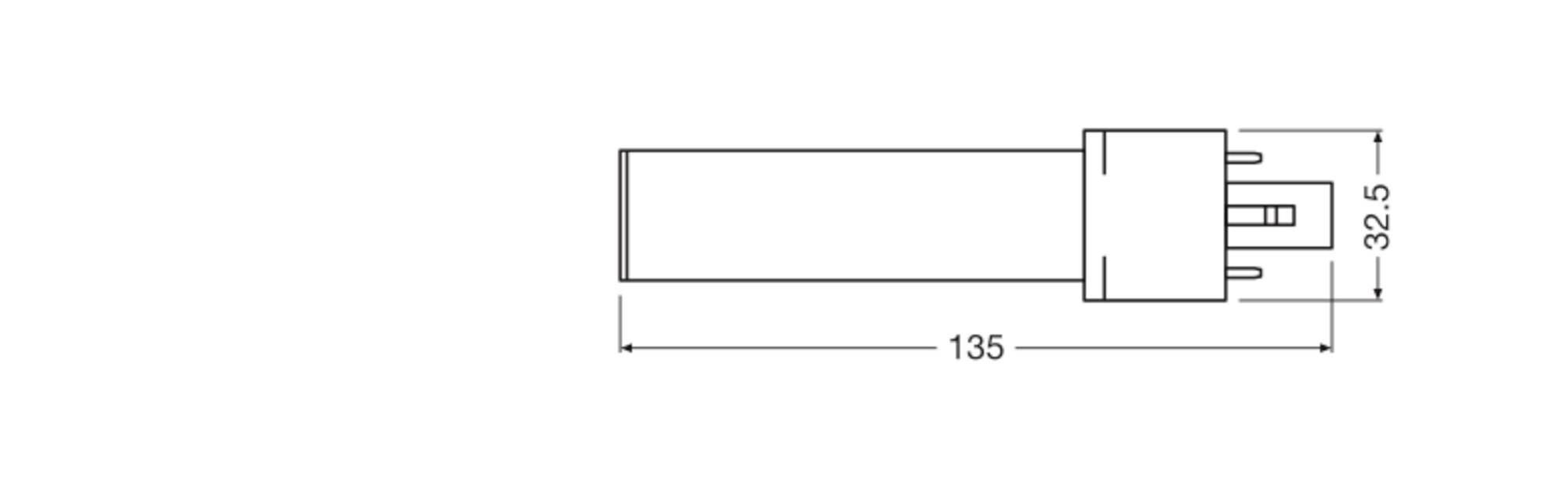 Technische Zeichnung einer Leuchtstoffröhre mit den Maßen 135 mm Länge und 32,5 mm Durchmesser. Seitenansicht mit Anschlussstiften.