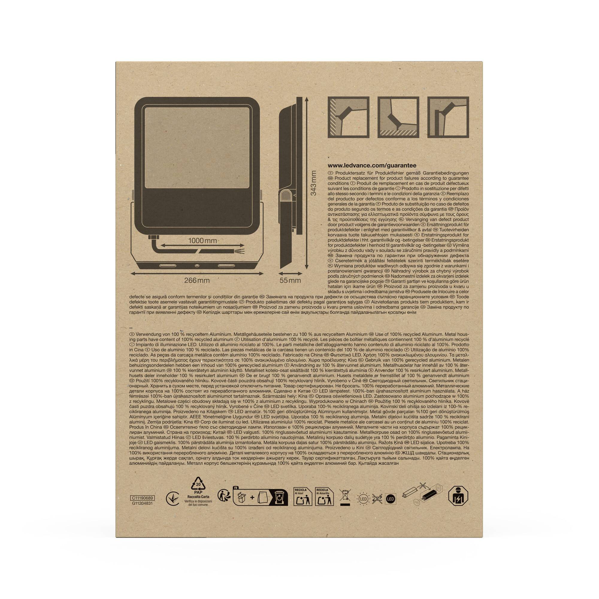 Verpackung eines elektronischen Geräts mit Abbildungen und Spezifikationen der Abmessungen. Enthält Symbole für Recycling und Garantieinformationen.