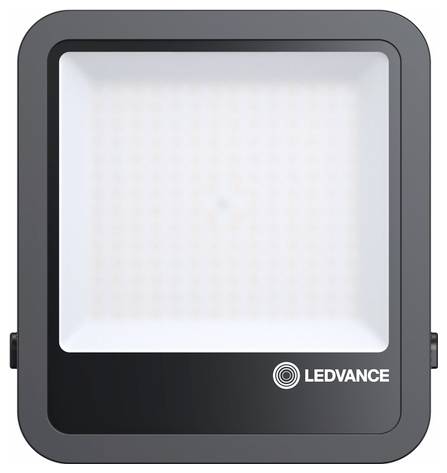 Ein schwarzer LED-Flutlichtstrahler mit weißem Innenraum, gekennzeichnet mit „LEDVANCE".