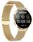 Goldene Smartwatch mit rundem Zifferblatt zeigt Uhrzeit 10:08:58 und Datum. Fitnessdaten wie Schritte und Kalorien sind sichtbar.