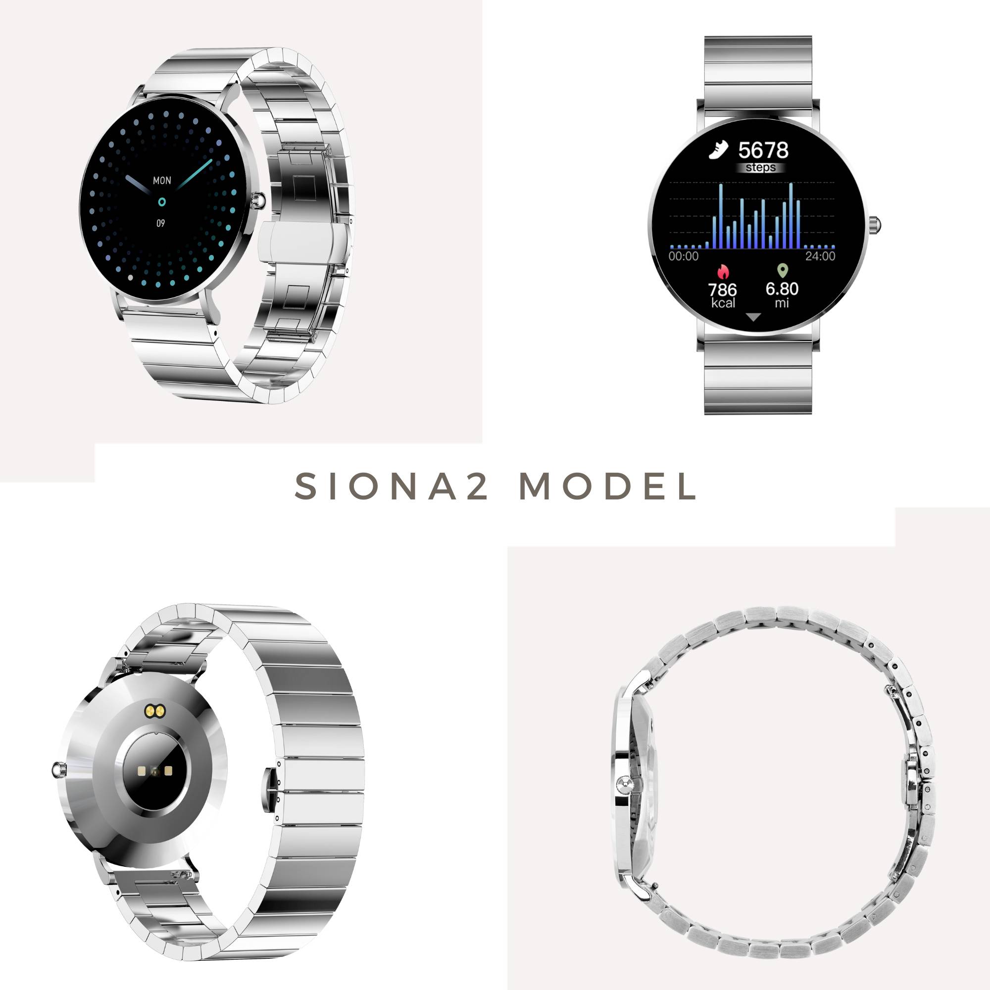 Smartwatch Siona2 in Silber aus verschiedenen Blickwinkeln: Display mit Zifferblatt und Fitnessanzeige, Rückseite und Seitenansicht mit Armband.