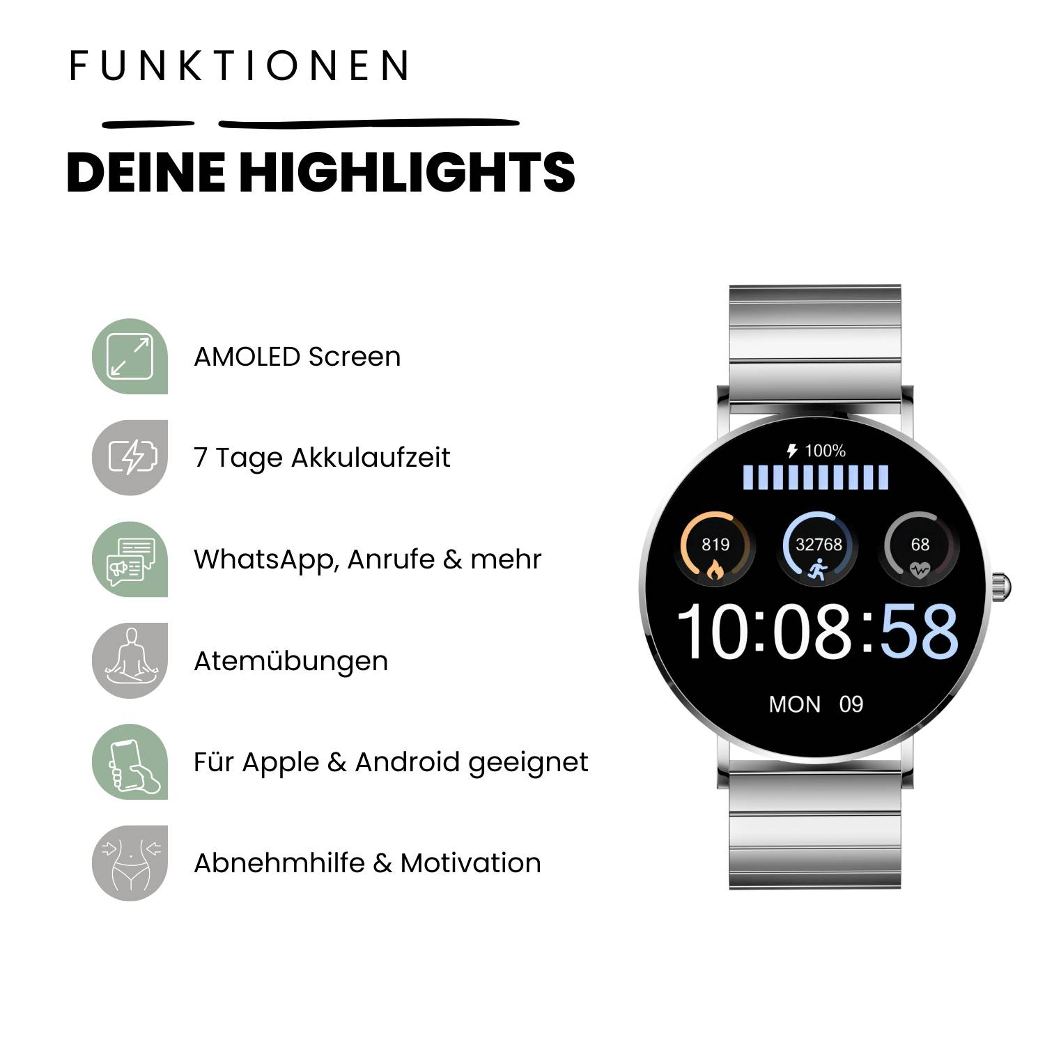 Smartwatch mit folgenden Funktionen: AMOLED Screen, 7 Tage Akkulaufzeit, kompatibel mit WhatsApp, Anrufen, iOS & Android.