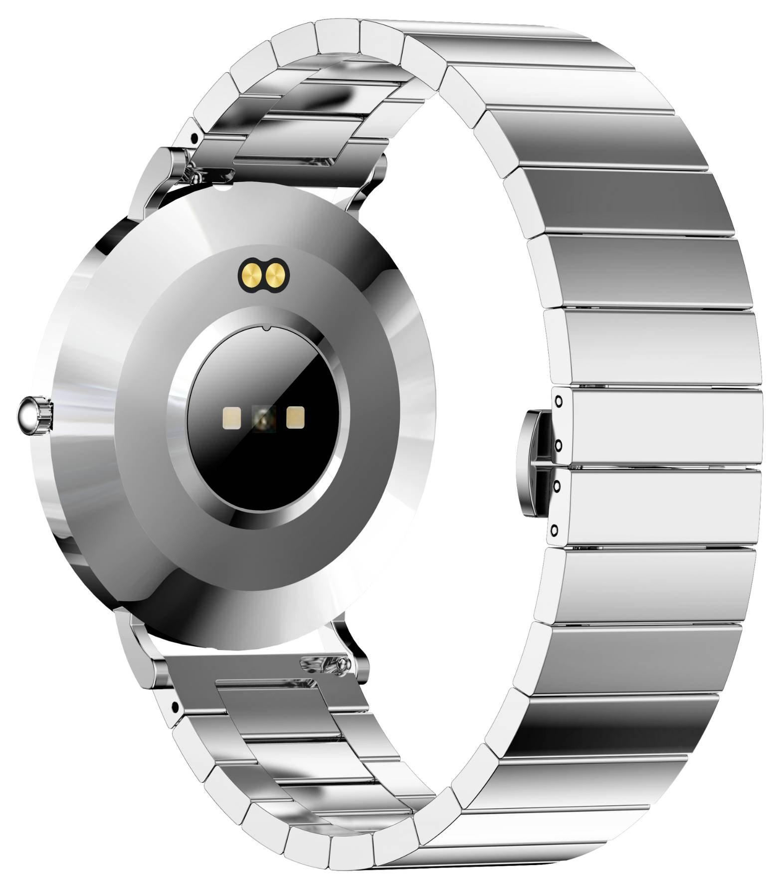 Silberne Smartwatch mit Metallarmband. Rückseite zeigt Sensoren zur Fitness-Verfolgung. Uhr designt für moderne, aktive Nutzer.